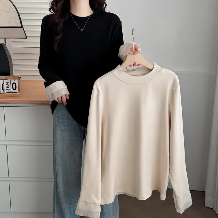 【萨萨Be firm】微胖大休闲宽松遮肉韩版秋冬款蕾丝拼接打底T恤