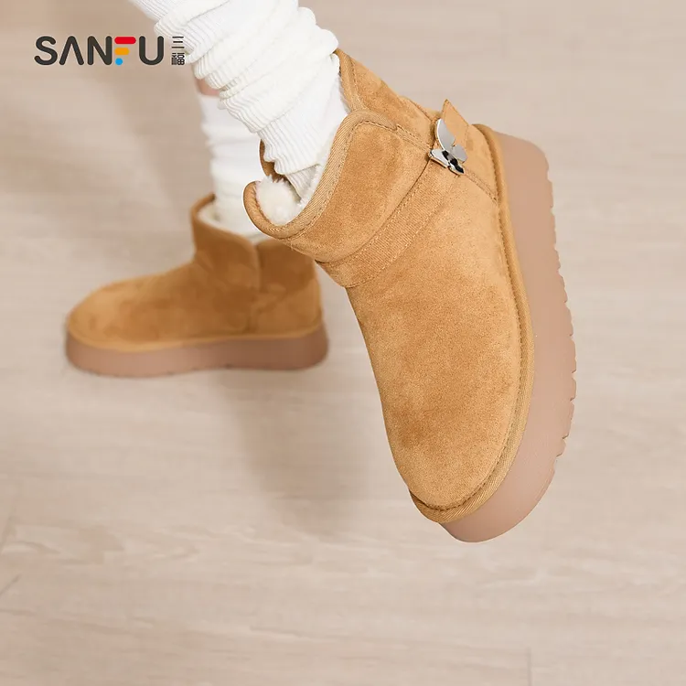 三福雪地靴女冬季经典简约蝴蝶扣保暖加绒厚底棉鞋女鞋832761