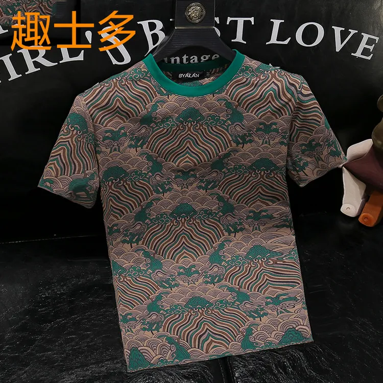 时尚碎花圆领百搭短袖2024夏季新款潮流复古花色印花修身男士t恤