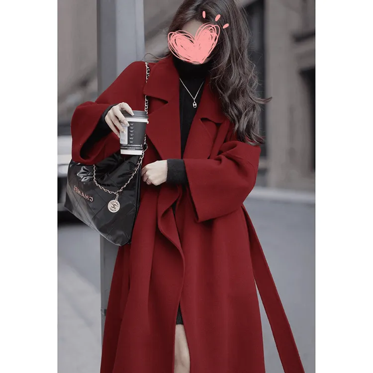 安可拉红色双面羊毛呢子大衣女2024秋冬高级感中长款毛呢外套时尚
