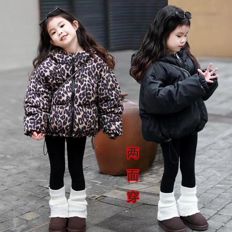 儿童两面穿豹纹棉服冬装衣服男童女童保暖连帽外套加厚面包服棉袄