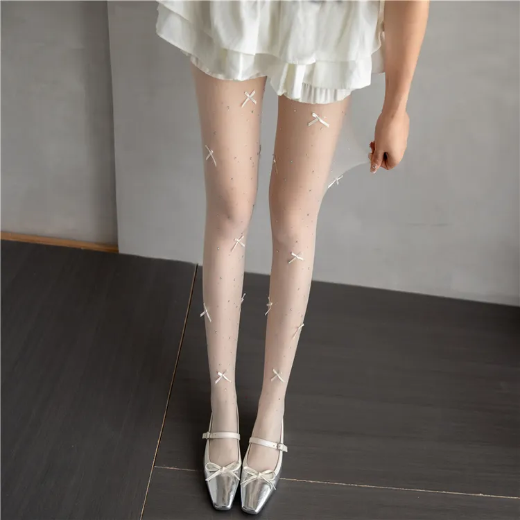 甜美芭蕾风白丝袜少女日系蝴蝶结闪钻连裤袜子洛丽塔JK白色打底裤