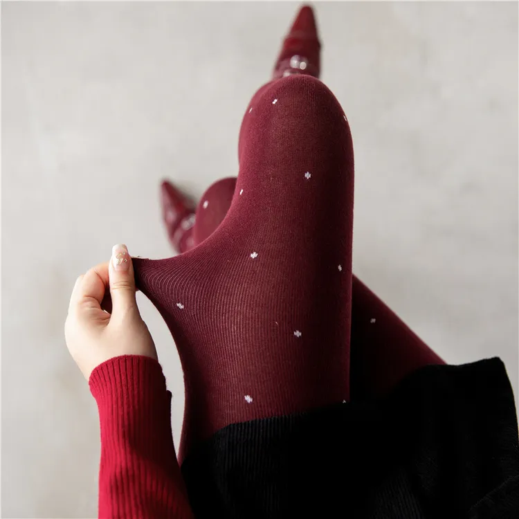 酒红色波点连裤袜女款秋冬安可拉红袜子保暖显瘦外穿灰色打底裤子