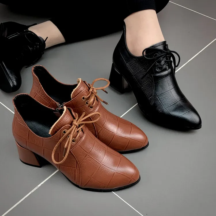 尖头真皮单鞋2023年秋季新款中跟系带侧拉链软面深口压花纹单鞋女