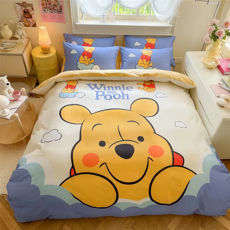 卡通维尼熊四件套纯棉100全棉可爱小熊儿童床单被套三件套床笠式