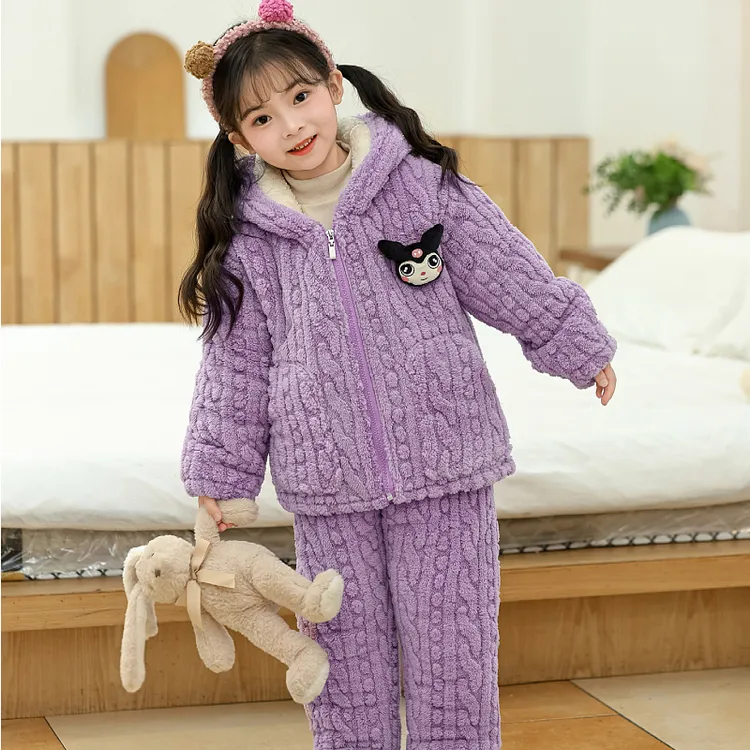 儿童冬季三层加绒加厚家居服女童男童中大童保暖卡通家居服套装
