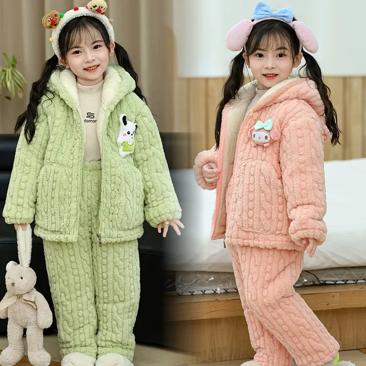 儿童冬季三层加绒加厚睡衣女童男童宝宝中大童保暖外穿家居服套装