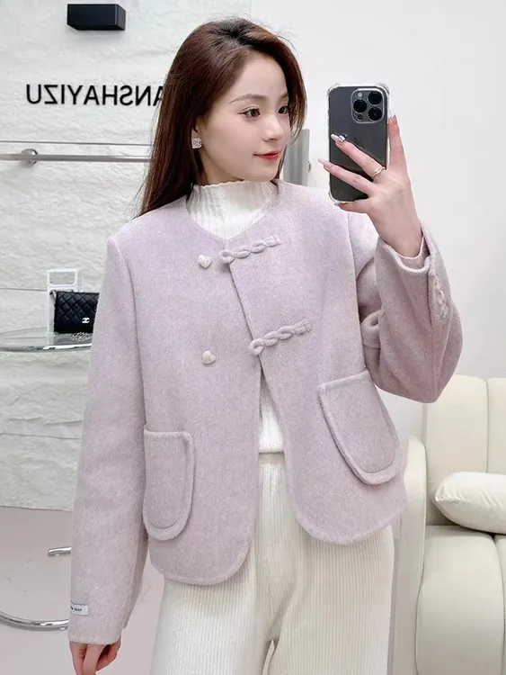 韩系短款无领大衣女高级感小香风秋冬季羊毛外套2023新款网红