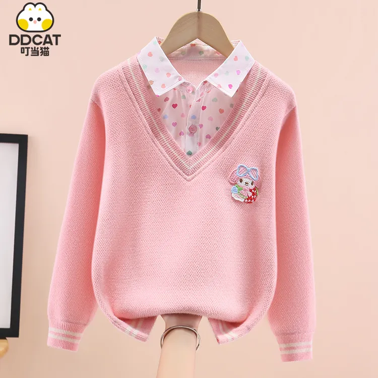 叮当猫女童毛衣假两件秋冬新款洋气中大童女孩公主风衬衫领打底衫