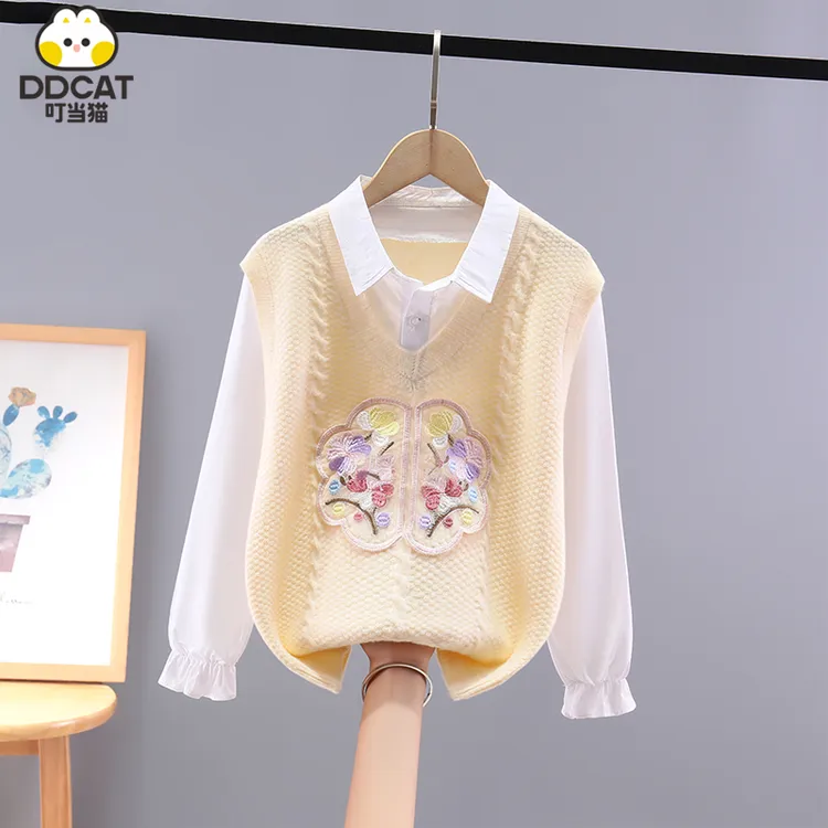叮当猫女童毛衣假两件春秋新款洋气中大童女孩中国风针织打底衫潮