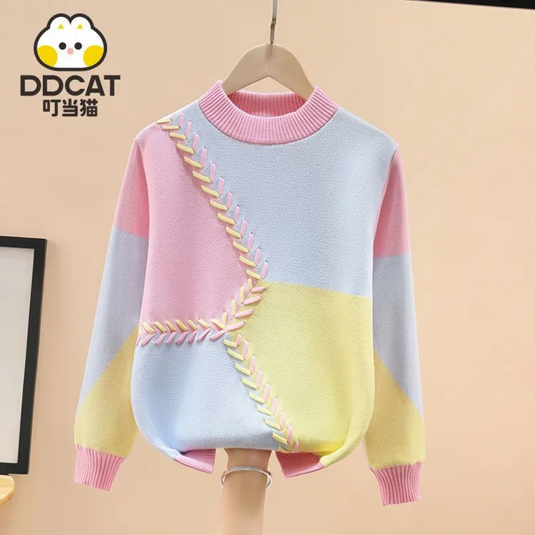 叮当猫女童毛衣加绒加厚秋冬新款儿童纯棉针织衫中大童套头打底衫