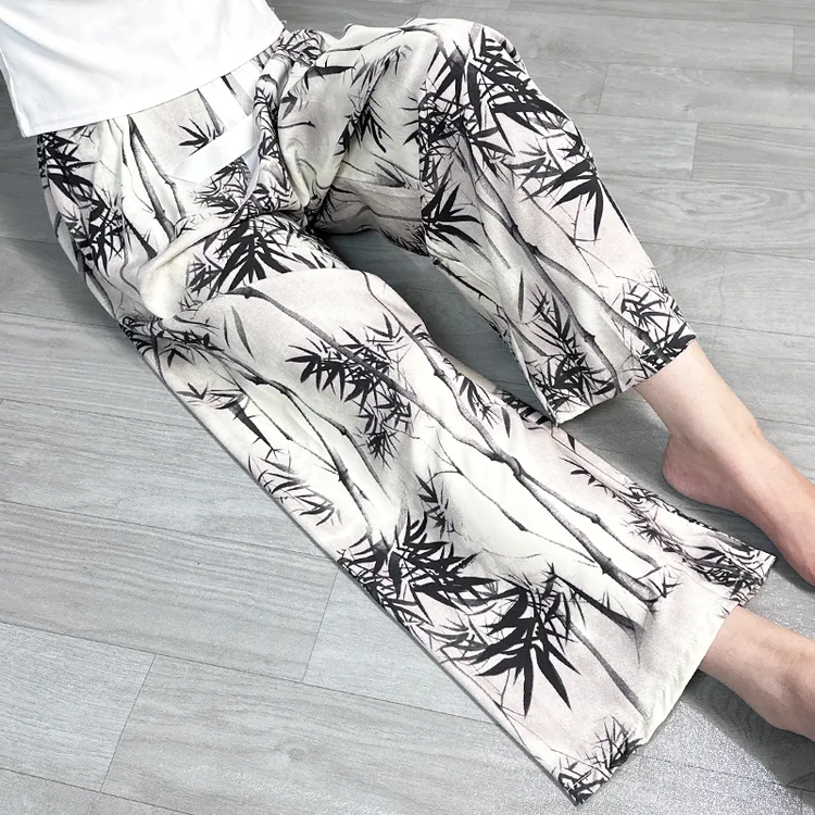 夏季棉绸阔腿裤宽松大码九分裤女士家居可外穿人造棉裤子休闲睡裤