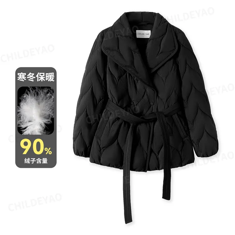 Childe Yao时尚显瘦百搭气质休闲腰带翻领立领保暖鹅绒服Y406031