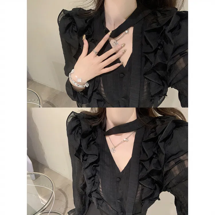 黑色木耳边系带长袖衬衫女早春季新款设计感小众法式别致上衣
