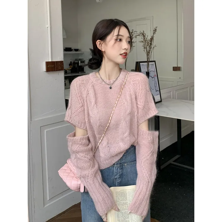 粉色麻花套头毛衣女秋季宽松慵懒风设计感小众秋冬外穿上衣