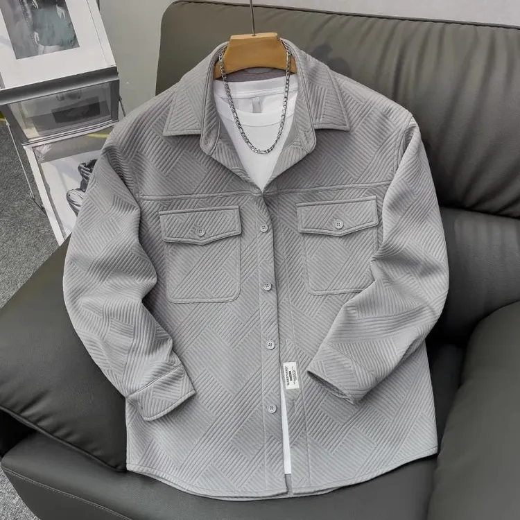 斜纹长袖衬衫男潮牌春秋季新款美式宽松口袋翻领外套男士休闲衬衣