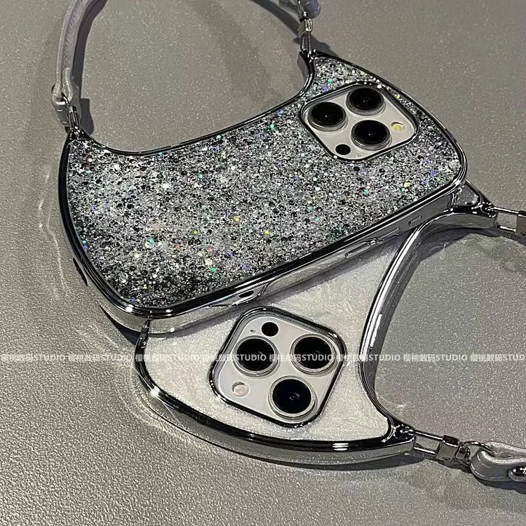 高档闪粉水墨滴胶手提包iPhone15Promax苹果13手机壳14新款12女11
