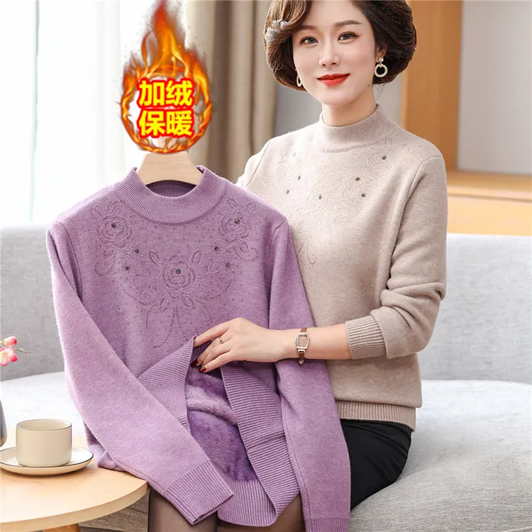 妈妈秋冬装加绒加厚半高领打底衫洋气上衣中老年女一体绒保暖毛衣