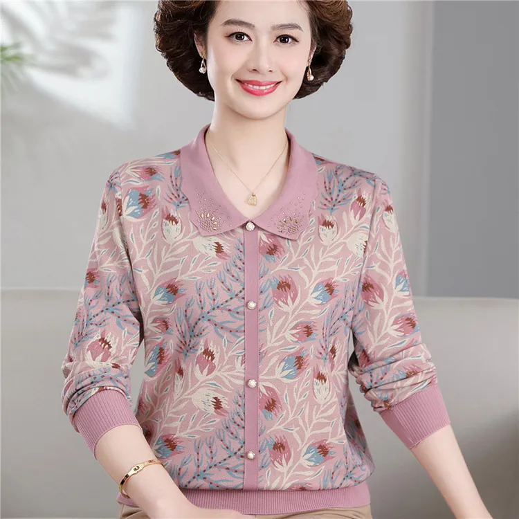 妈妈中年秋装翻领长袖T恤新款上衣中老年妇女春秋洋气宽松打底衫