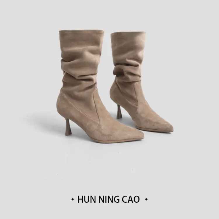 混凝草2024年新款尖头细跟中筒堆堆靴大筒靴