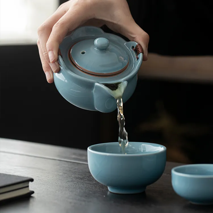 天青汝窑快客杯手抓壶一壶二杯户外旅行泡茶器泡茶壶便携礼品定制