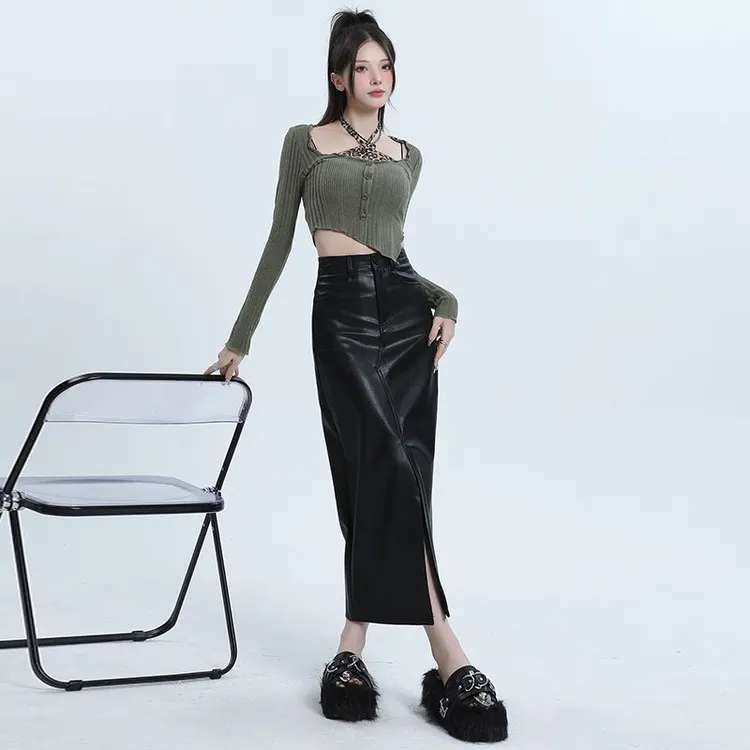 【拉夏贝尔】PU皮裙长裙高腰开叉包臀女款气质显瘦百搭a字中长裙