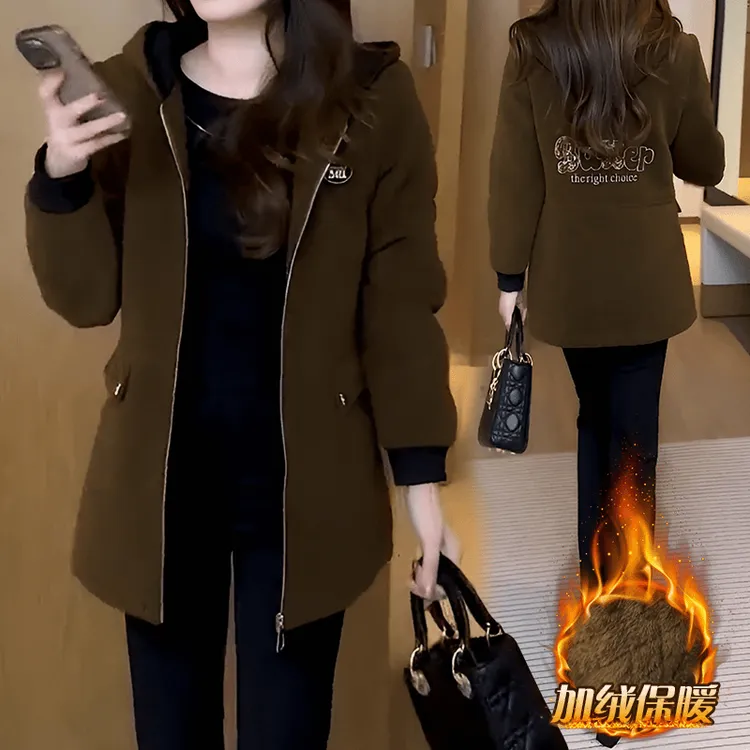加绒保暖时尚短款外套女士秋冬装新款洋气妈妈装宽松显瘦连帽上衣