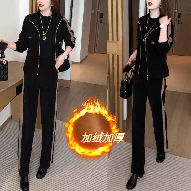 2024年加绒运动休闲套装女秋冬加厚时髦开衫短外套时尚显瘦两件套