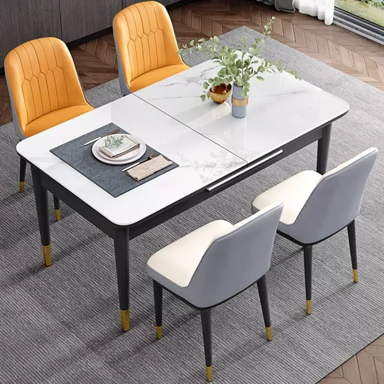 岩板餐桌家用可伸缩餐桌椅组合小户型长方形餐桌轻奢现代两用饭桌