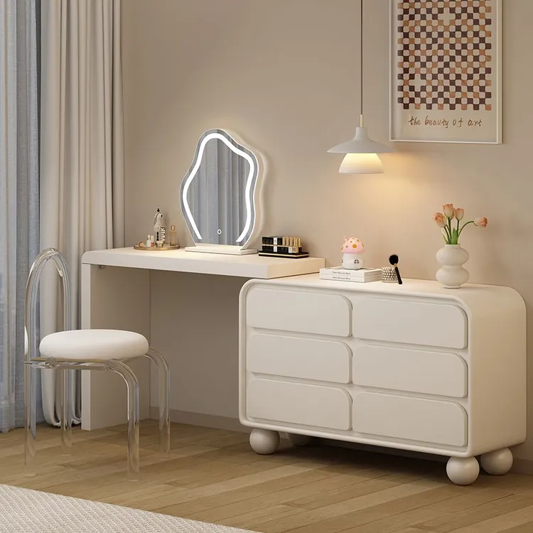 奶油风实木梳妆台卧室现代简约转角收纳柜新款轻奢斗柜一体化妆桌