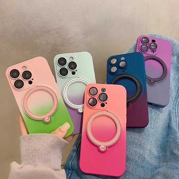 ins渐变色磁吸旋转支架苹果15手机壳iphone14硅胶13情侣12套plus
