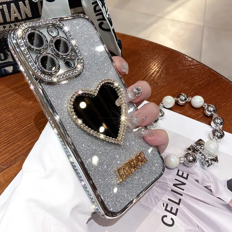 闪粉镶钻苹果16/17promax带镜头膜手机壳iPhone15爱心镜子保护壳
