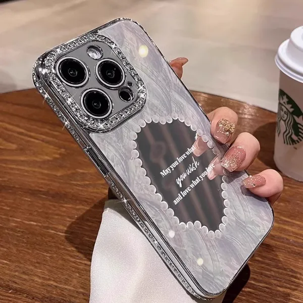 立体珍珠美妆镜苹果15promax贝壳纹手机壳iPhone14闪钻13全包壳12