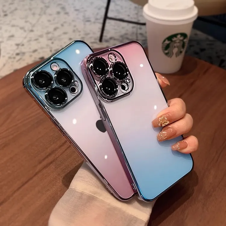 渐变带镜头膜苹果15promax手机壳iphone14透明电镀13高级感12全包