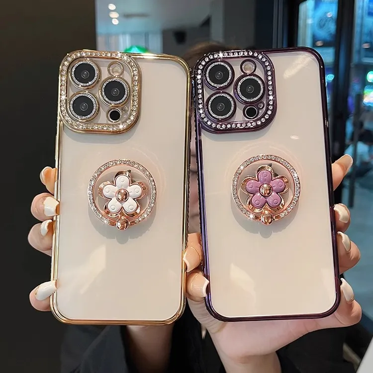 适用苹果15promax轻奢女款手机壳iPhone14闪钻13花朵指环12支架壳