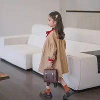 23090女童风衣中长款卡其色圆领英伦风外套春款韩版休闲时髦大衣