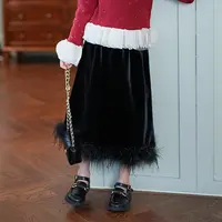 53328女童丝绒半身裙毛边拼接a字中长裙2025春季新款洋气垂感裙子