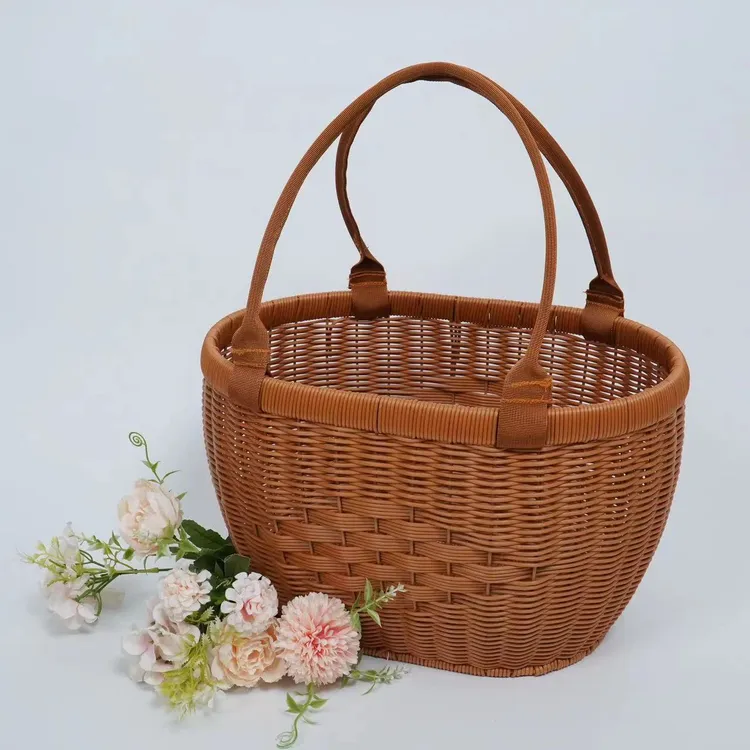 C10仿藤编买菜蓝购物篮户外野餐露营零食收纳水果篮38X28X24