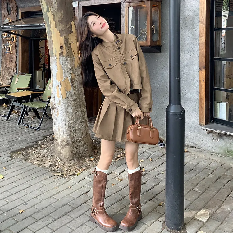美拉德皮衣夹克百褶短裙两件套女春秋新款复古显瘦小个子时尚套装