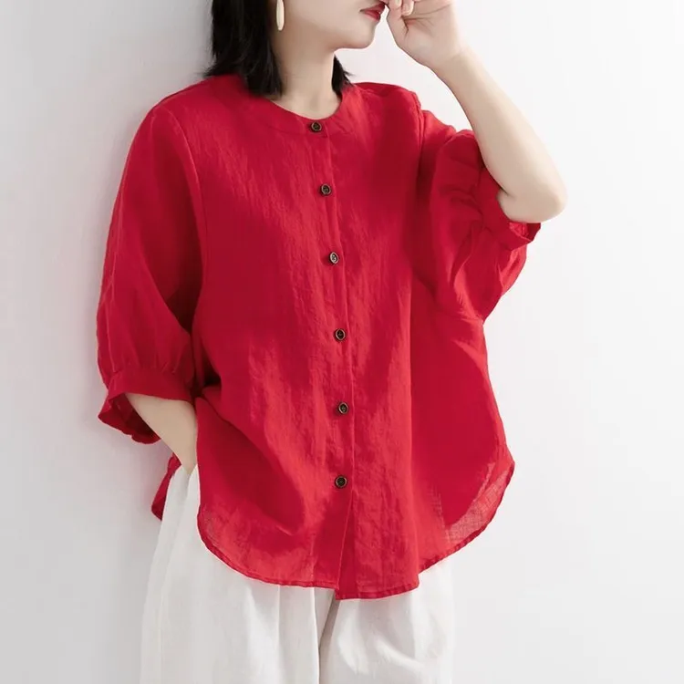 衬衣夏季棉麻衬衫女装灯笼袖上衣宽松显瘦中袖大码女士洋气女