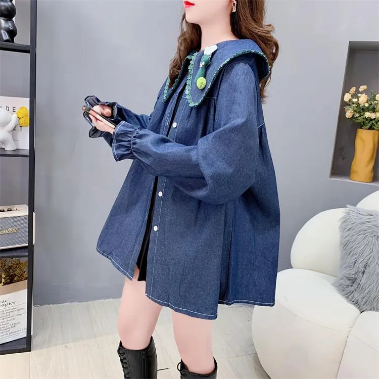 2023年新款娃娃领牛仔衬衫女早秋韩版宽松洋派甜美设计感外套上衣