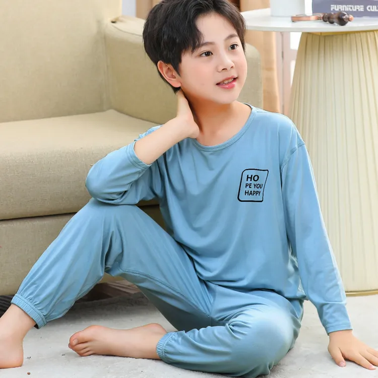 男童睡衣夏季薄款九分袖莫代尔儿童家居服套装中大童空调服无痕春