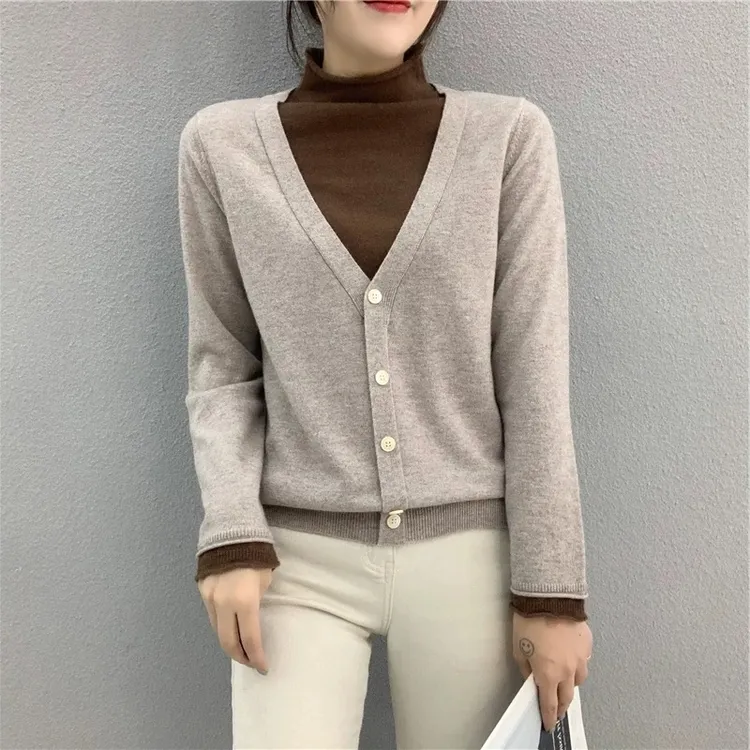 2024春秋新款韩版半高领长袖假两件针织打底衫洋气女士套头上衣潮