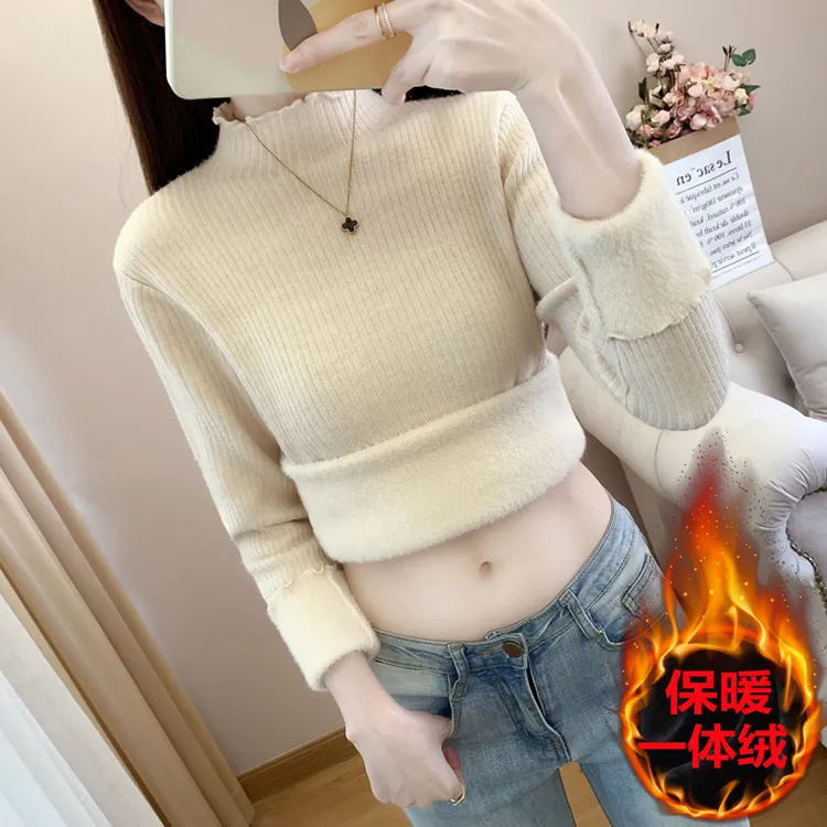 木耳边一体绒毛衣女冬2022新款加绒加厚保暖打底衫半高领修身上衣