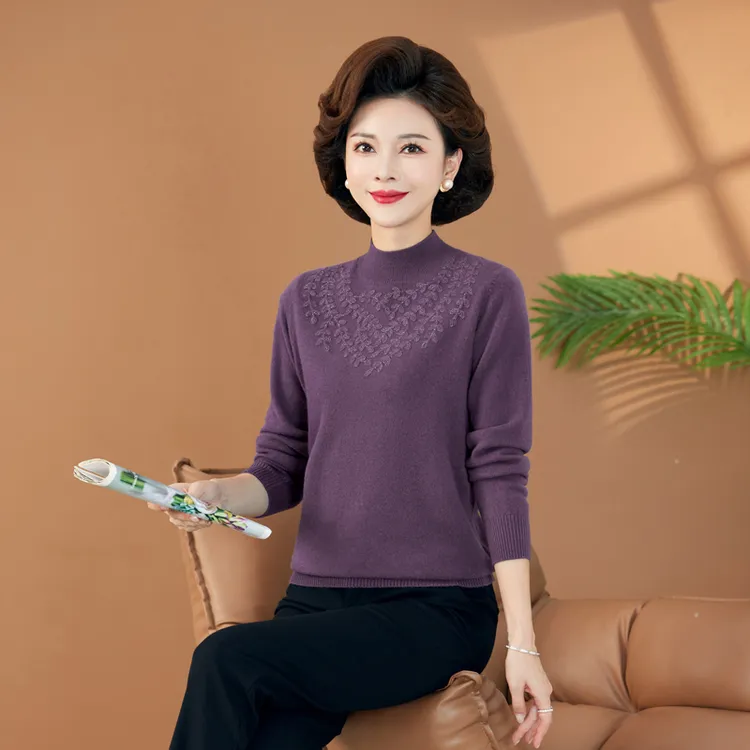 100%纯羊毛半高领套头打底羊毛衫女装洋气妈妈装中老年秋冬针织