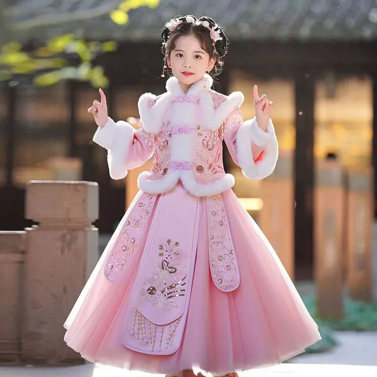 女童冬季汉服加厚古风高端套装连衣裙2025新款唐装超仙夹棉拜年服