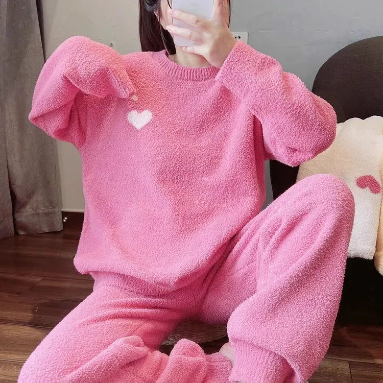 甜美爱心软绵绵细绒冬天睡衣女秋冬季加厚保暖半边绒家居服可外穿