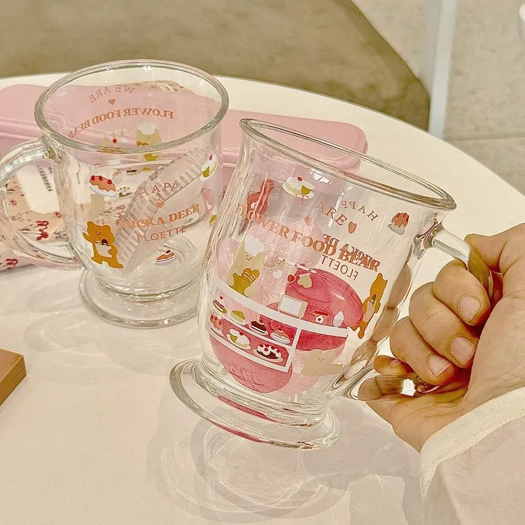 【买一送一】可爱小熊蛋糕杯子玻璃水杯子ins印花便携大容量家用