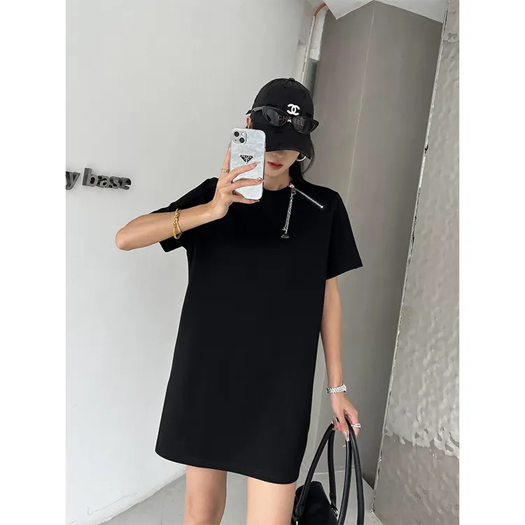 时尚洋气遮肉宽松百搭气质中长款短袖连衣裙