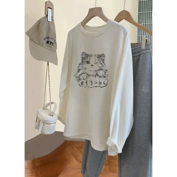 海外订单尾货~港风卡通磨毛长袖T恤女秋冬宽松德绒打底衫上衣潮